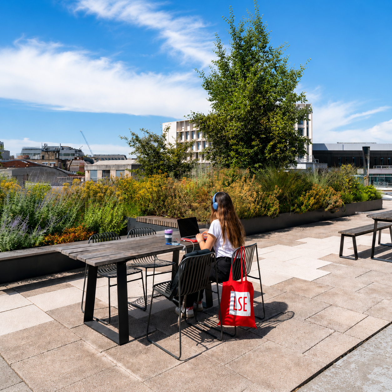 Decorative image: Student using a laptop in an outdoor campus space
