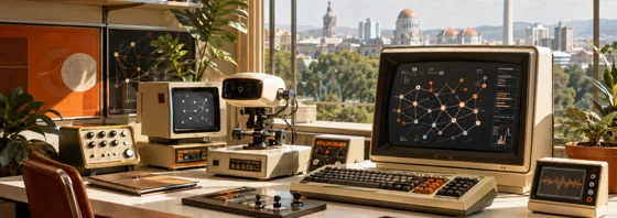 AI generated image of old looking technology on desk overlooking a cityscape.