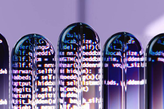 An image of multiple 3D shapes representing speech bubbles in a sequence, with broken up fragments of text within them.