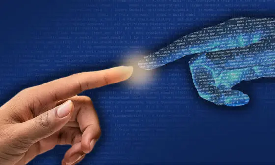 A human hand touching an AI hand