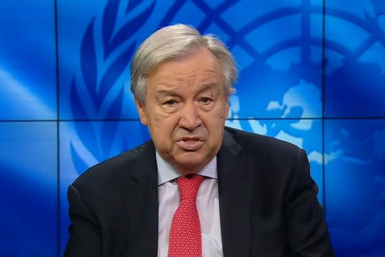 António Guterres, UN Secretary General giving a message on a blue UN background to launch the Council on Urban Initiatives