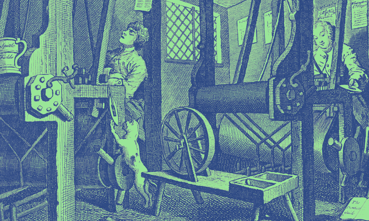 An illustration of workers at a loom in pre-industrial revolution times