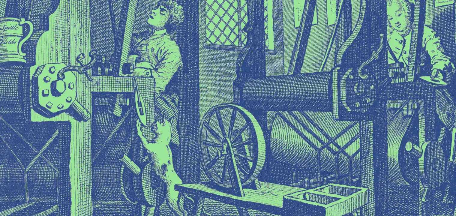 An illustration of workers at a loom in pre-industrial revolution times