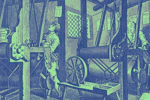 An illustration of men working a loom in pre-industrial revolution times.
