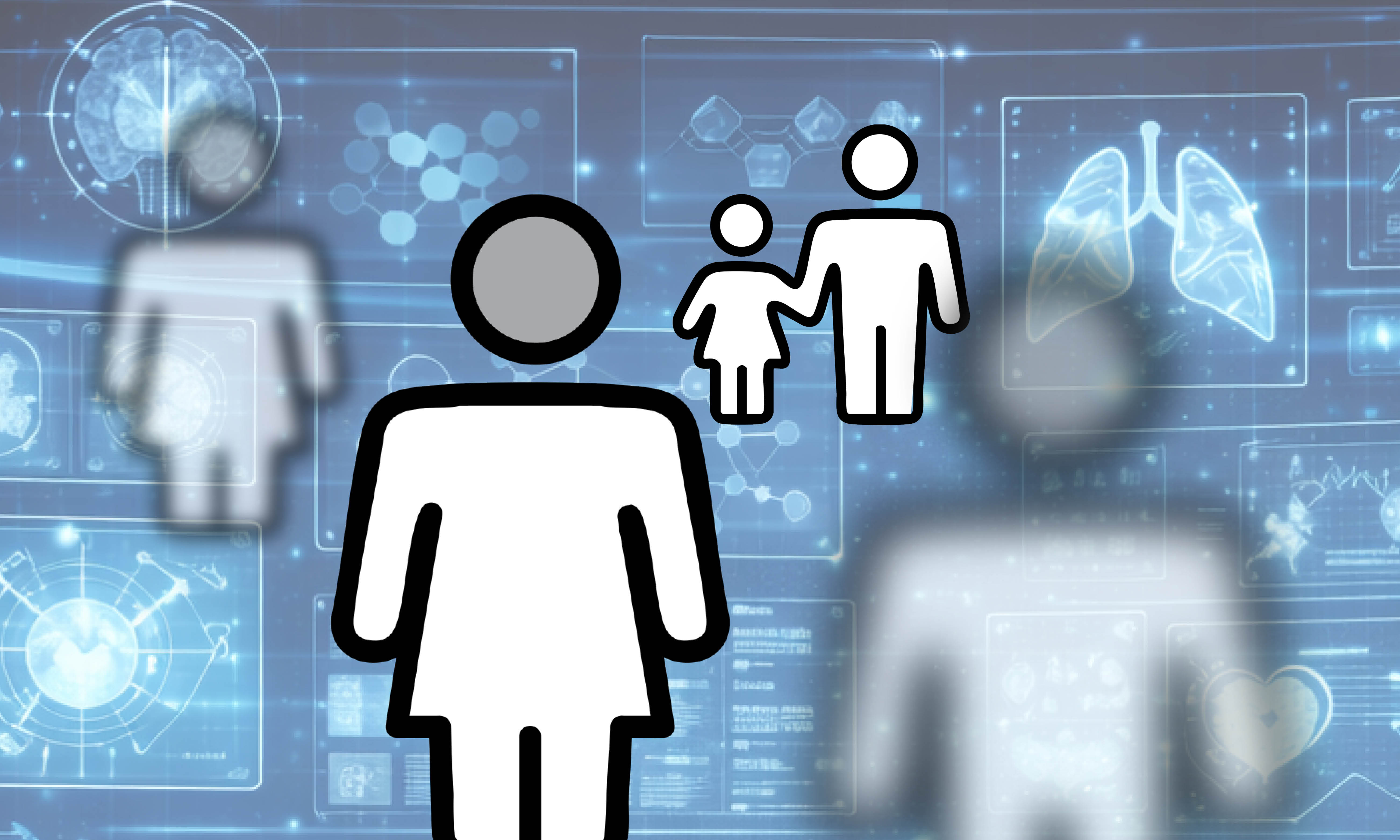 People floating above a tech landscape with medical imagery