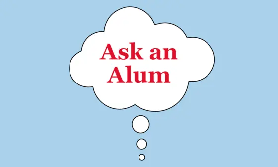 "Ask an Alum" in a speech bubble on a blue background.