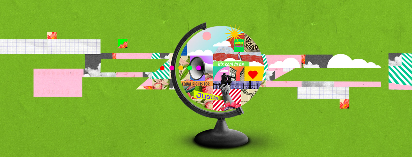 The picture shows an illustration of a globe divided into different sections. One has a megaphone, another has a heart, another says 'equal rights for', one has a justice banner, another says 'it's cool to be'. 