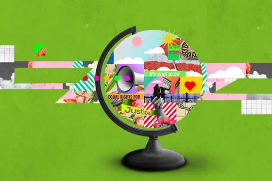 An illustration of a globe divided into different sections. One has a megaphone, another has a heart, another says 'equal rights for', one has a justice banner, another says 'it's cool to be'.