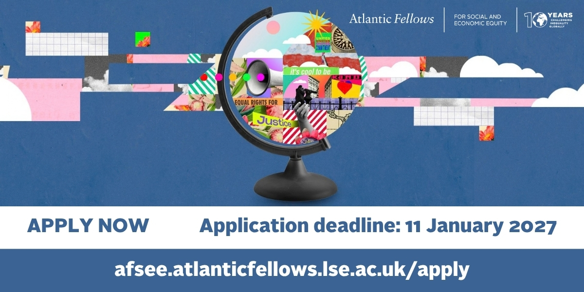 Atlantic Fellow application advert shows a patchwork globe with different symbols highlighting justice and equal rights. 