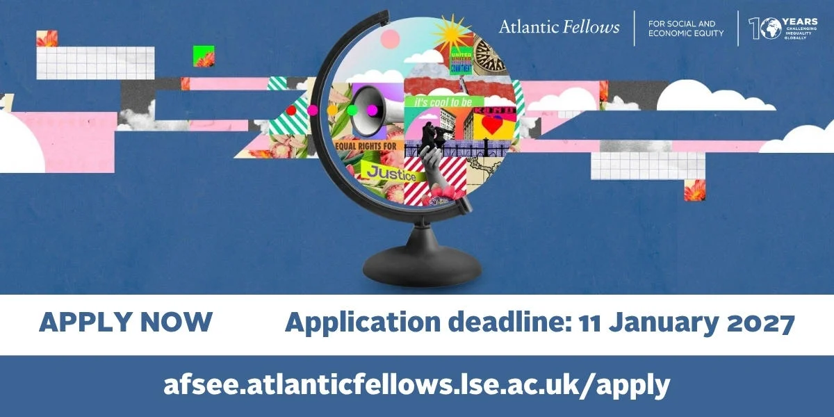 Atlantic Fellow application advert shows a patchwork globe with different symbols highlighting justice and equal rights.
