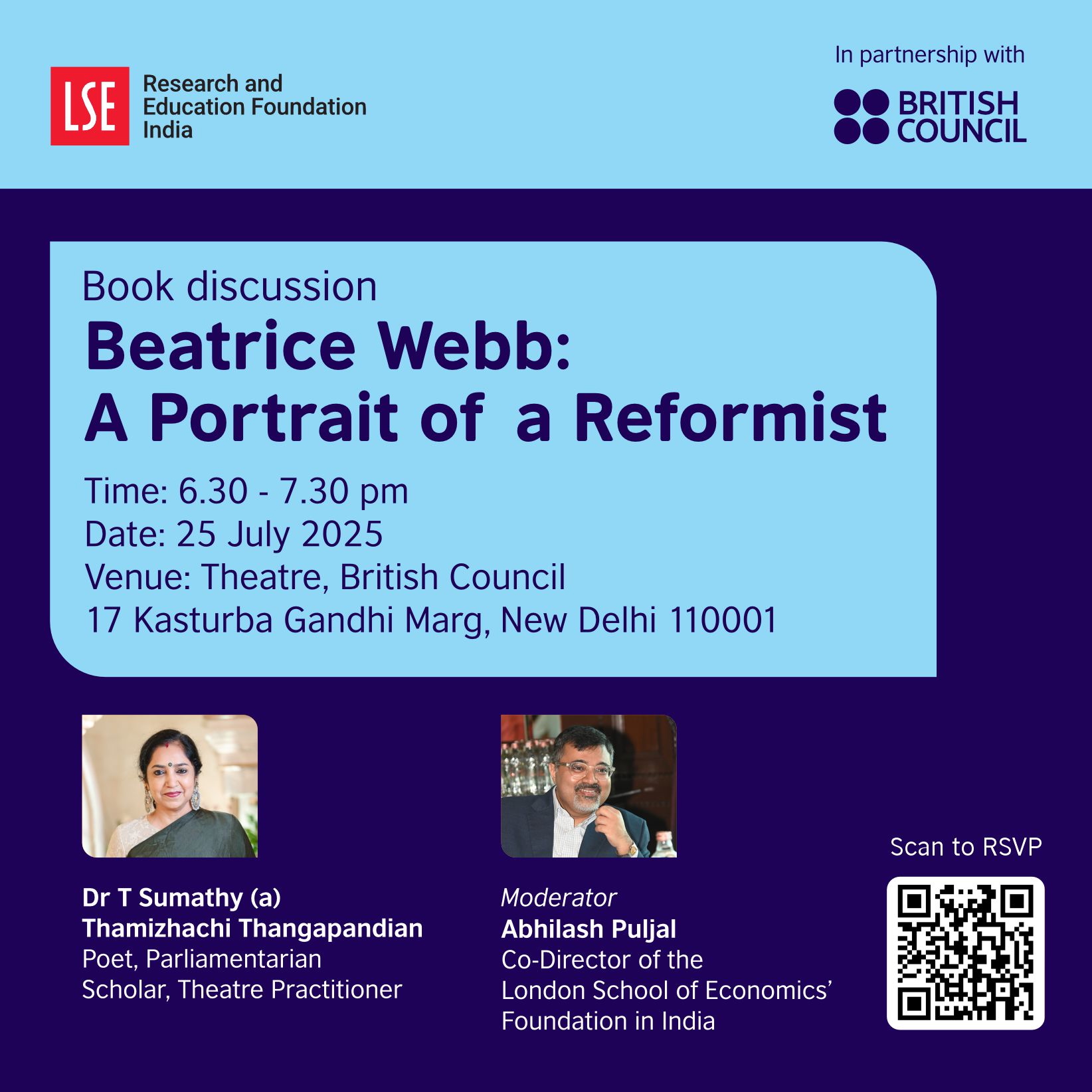 Graphic advertising a book discussion event looking at Beatrice Webb