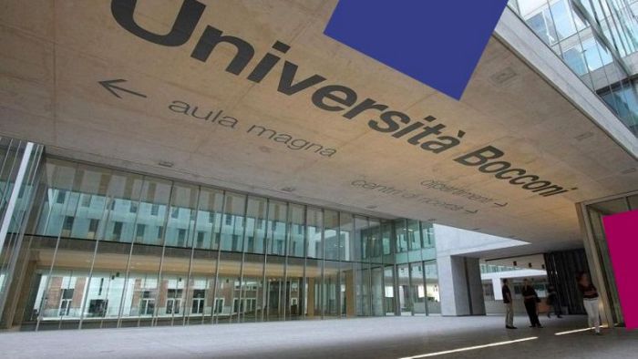 Bocconi University underpass with Bocconi written on ceiling of underpass