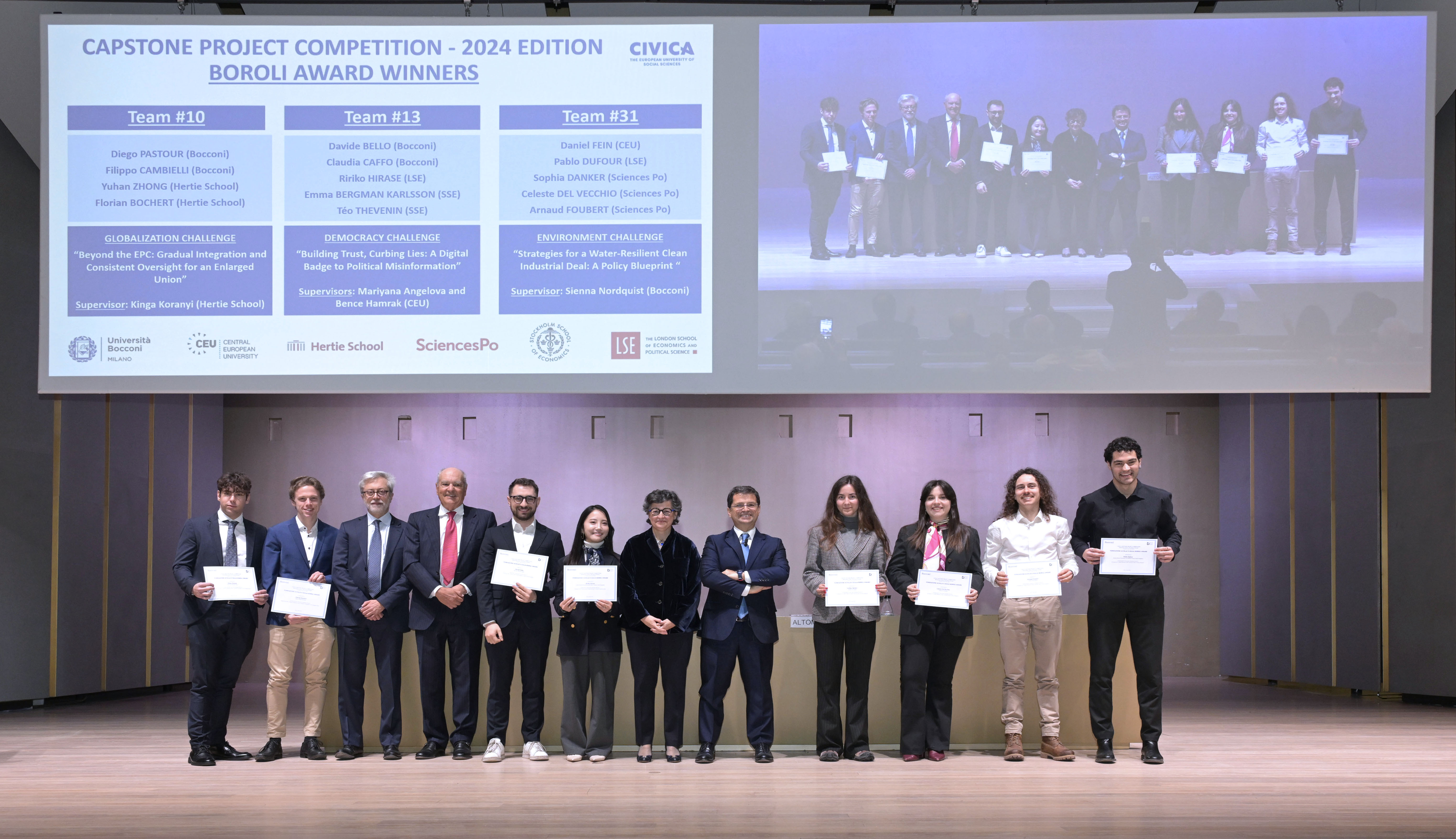 Group of students and jury on a stage with the Boroli Prize certificate