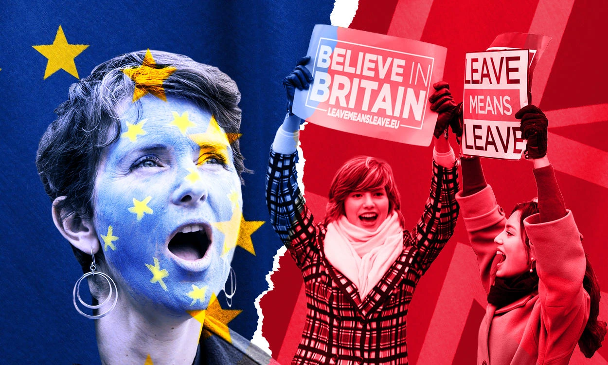 Women protesting against or for Brexit, one for Remain and the others for Leave.