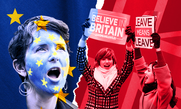 Women protesting against or for Brexit, one for Remain and the others for Leave. 