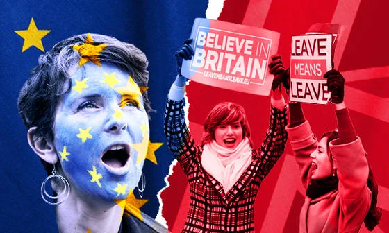 Women protesting against or for Brexit, one for Remain and the others for Leave.