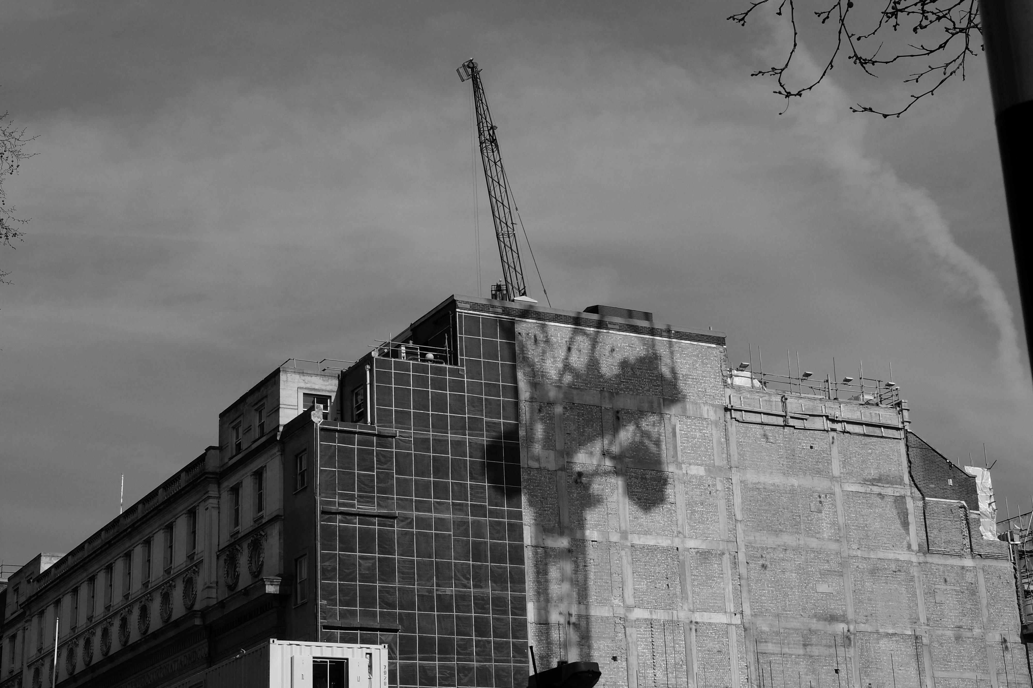 marshall building under construction, black and white