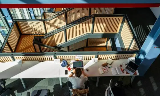 Student studying in the Centre Building at the LSE campus