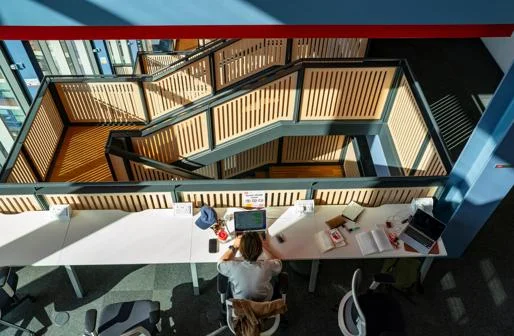 Student studying in the Centre Building at the LSE campus