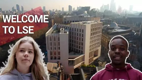 Two LSE students against a background of campus buildings with text Welcome to LSE