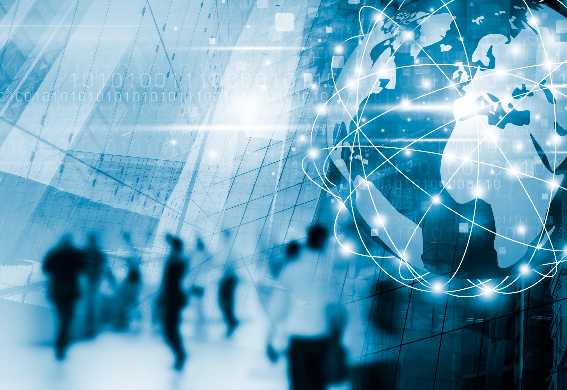 composite image of blurred people and a globe with networking lines.
