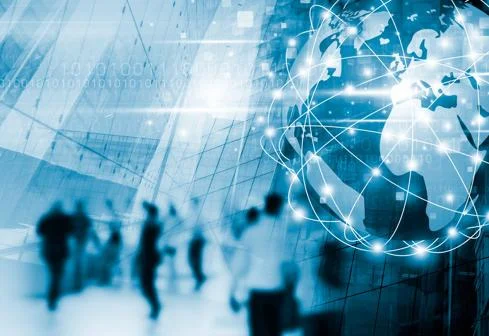 composite image of blurred people and a globe with networking lines.