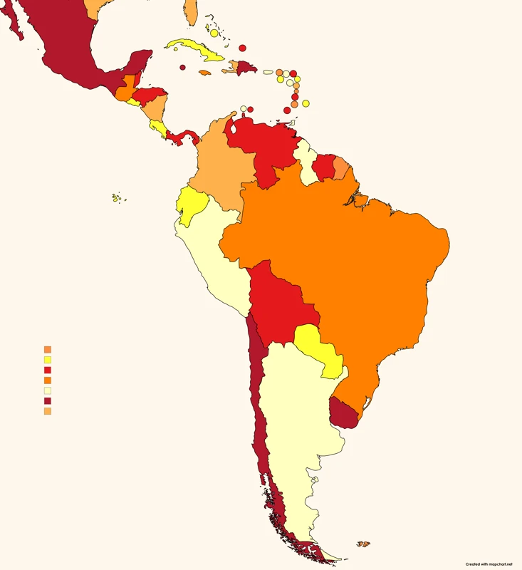 caribbean and latin america in orange, yellow and red.