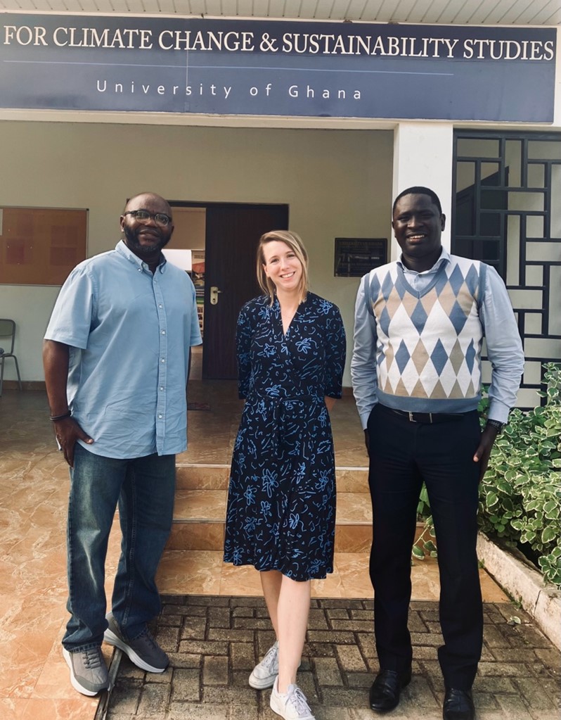Robert Manteaw, Carolin Hulke, Michael Tuffour in front of University of Ghana 