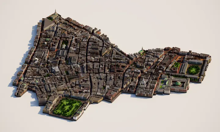 The area encompassing the six interactive walks within the Minecraft Education world "Charles Booth's London".