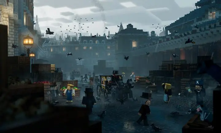 Characters from Charles Booth's London Minecraft Education game shopping in Covent Garden at night.