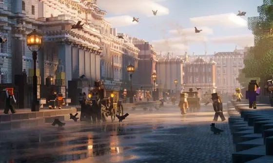 Victorian street scene by Lincoln's Inn Fields. There is a wide road, horse and carriage, old street lamps and people are crossing the road in top hats.