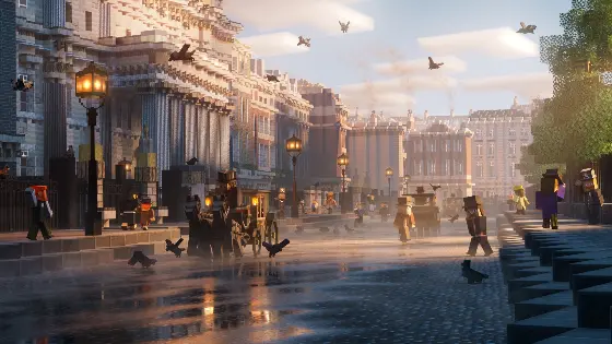 Victorian street scene by Lincoln's Inn Fields. There is a wide road, horse and carriage, old street lamps and people are crossing the road in top hats.