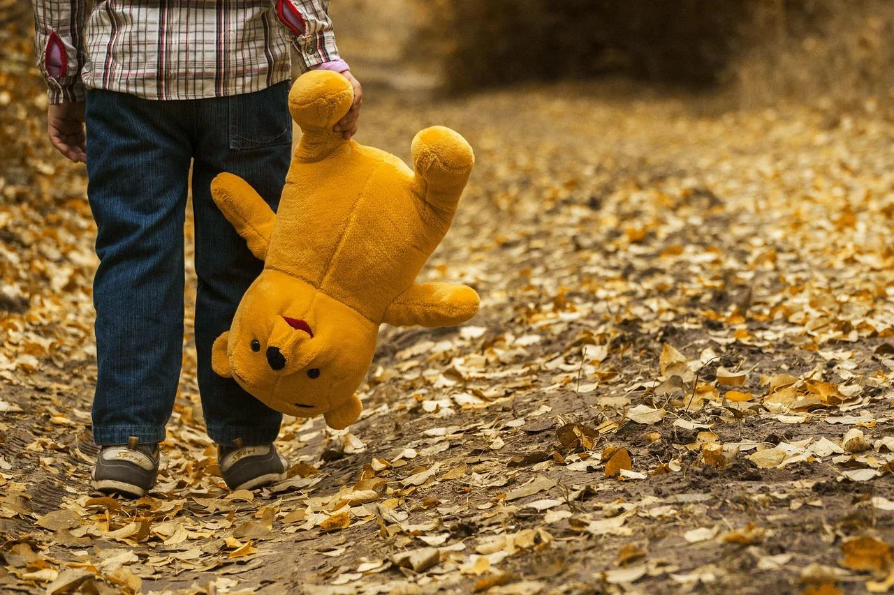a child walks along a leafy path holding a teddy bear