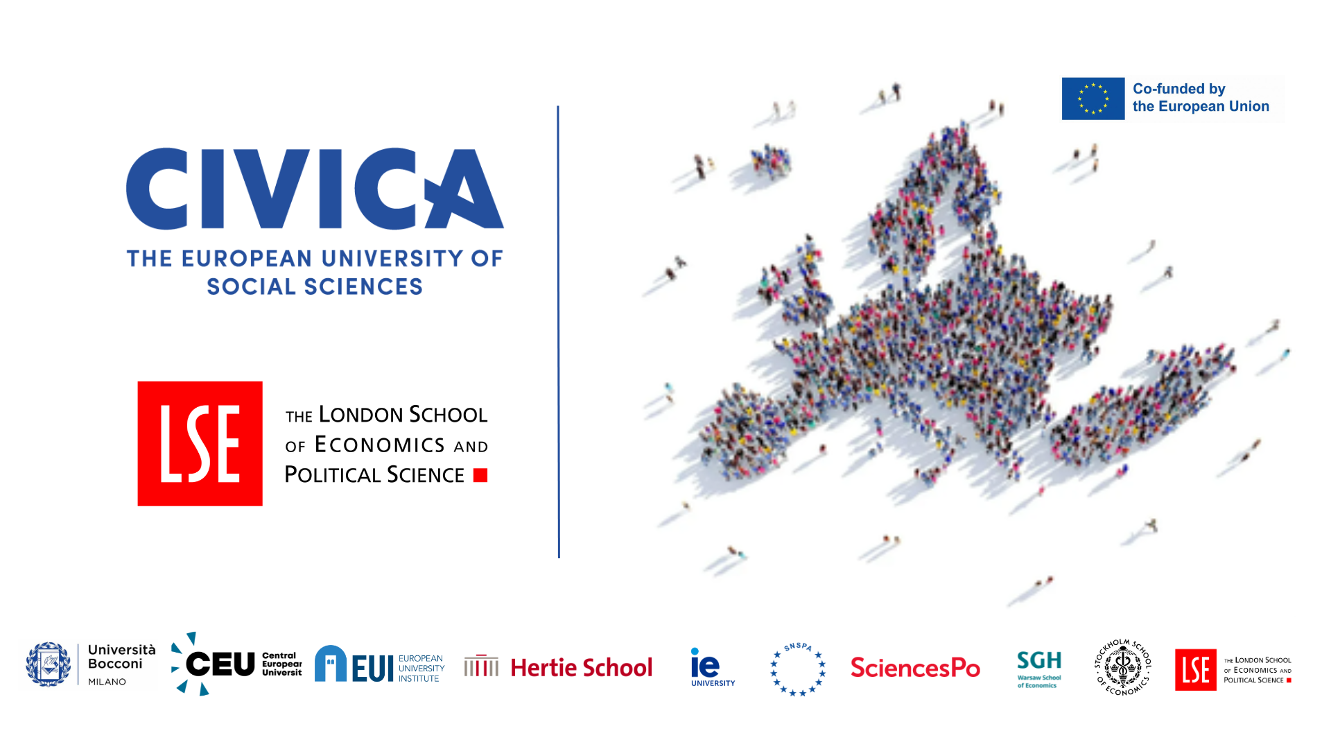 Map of Europe with CIVICA logo and all our partner universities