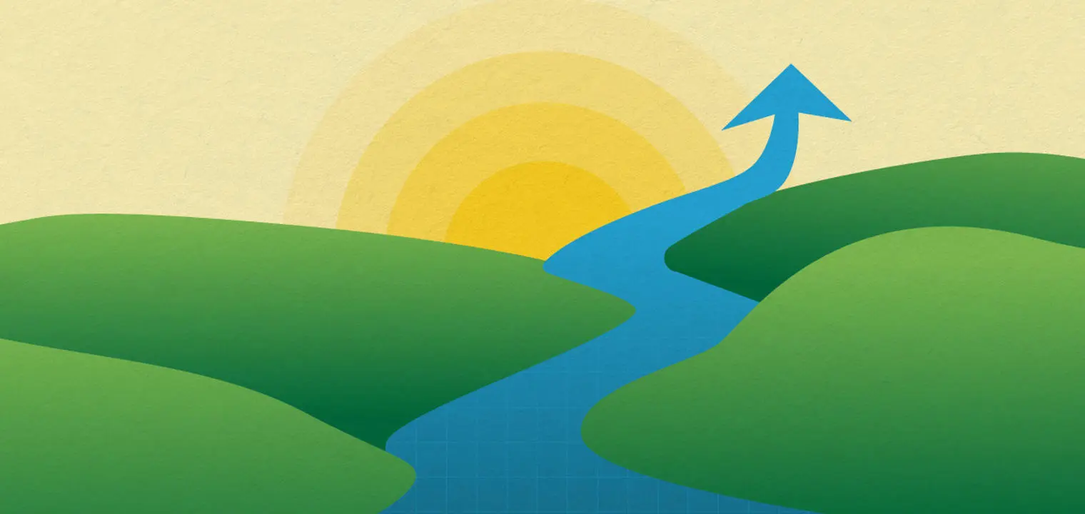 A river running through green hills which turns into an an arrow pointing towards the sky