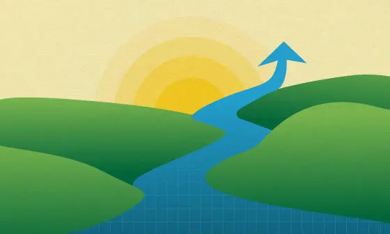 Illustration of a river running through green hills pointing to a shining sun.