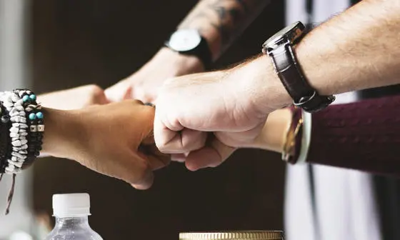 Fists joined together in a show of cohesion/team spirit.