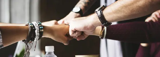 Fists joined together in a show of cohesion/team spirit.