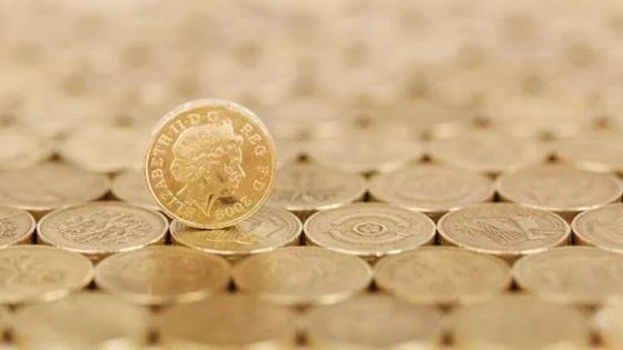 Pound coins lying flat and one on edge