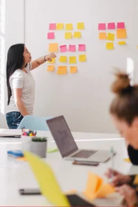 People working at computers and another pointing at post-it notes on a whiteboard.