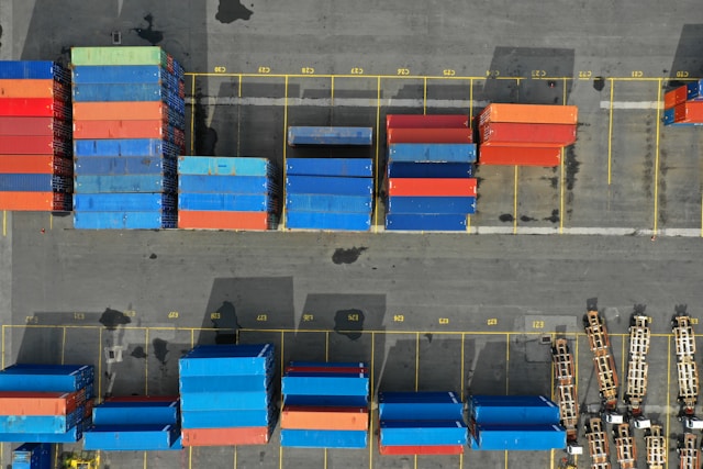 Overhead view of shipping containers in a port