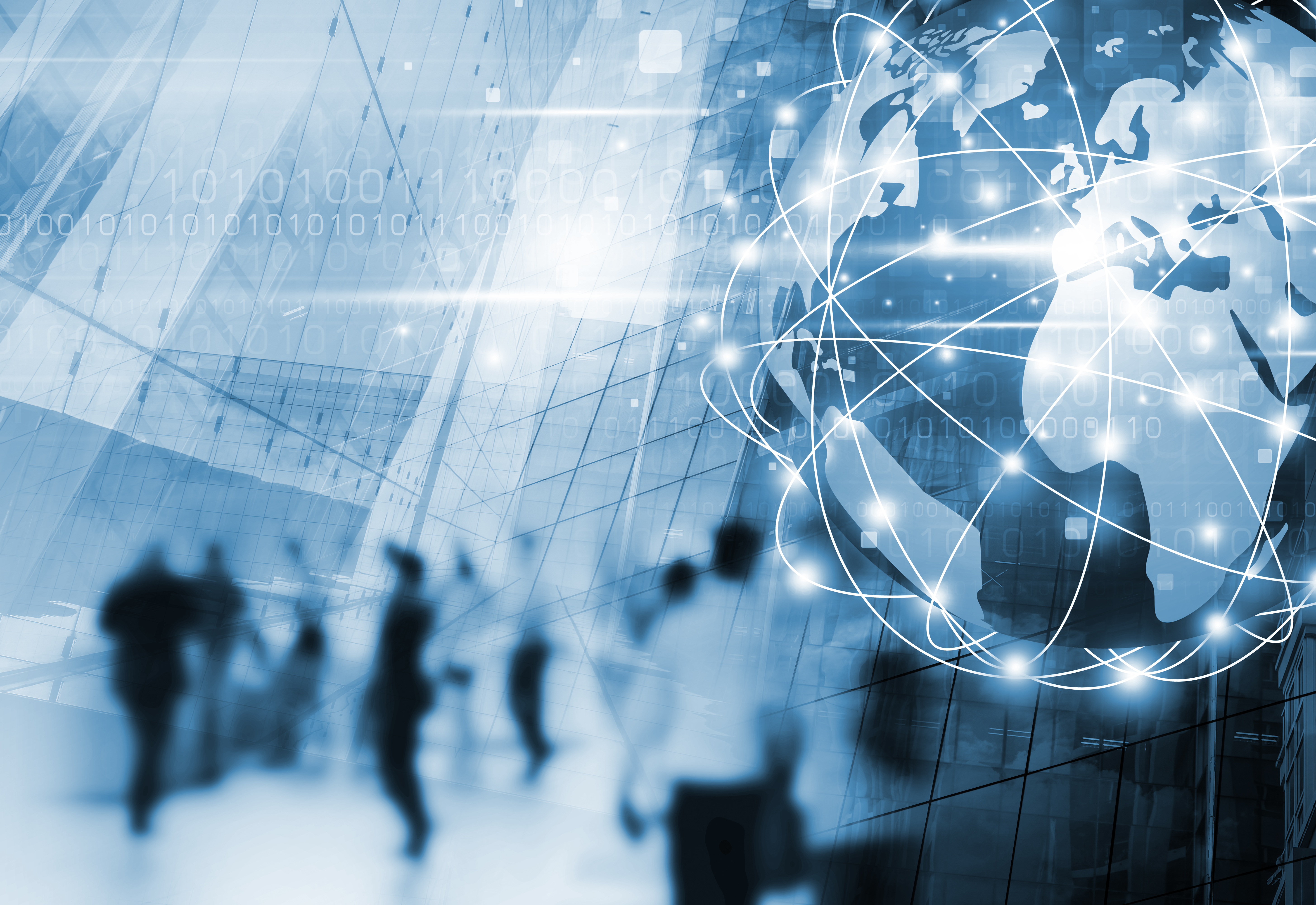 blue tinted graphic with blurred people, hi-rise buildings and a globe surrounded by connecting nodes