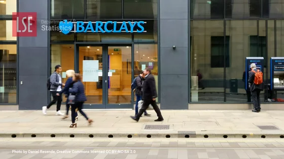 LSE Department of Statistics Barclays Bank branch with pedestrians