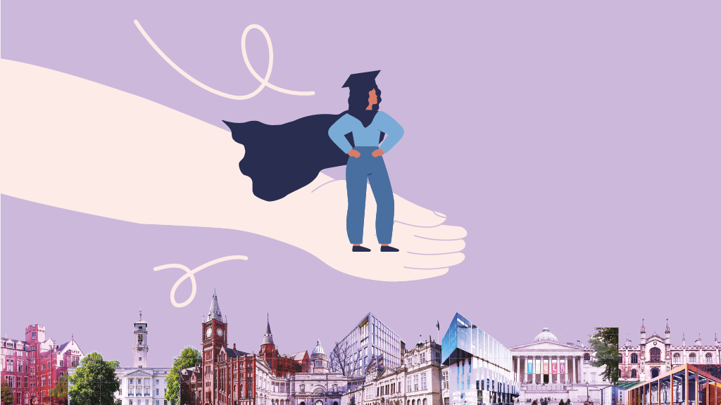 Cover of Centrepiece issue featuring a person in a graduation outfit standing on an outstretched hand