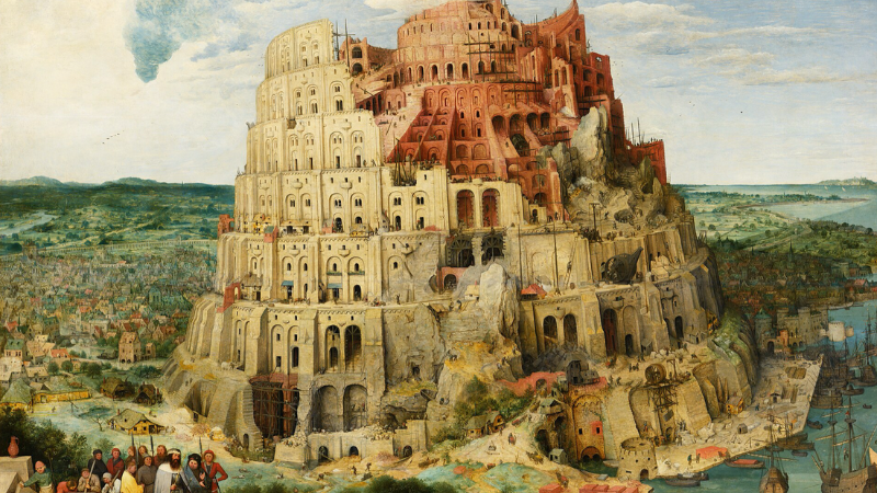 A towering medieval city built around the Tower of Babel, surrounded by a bustling landscape.