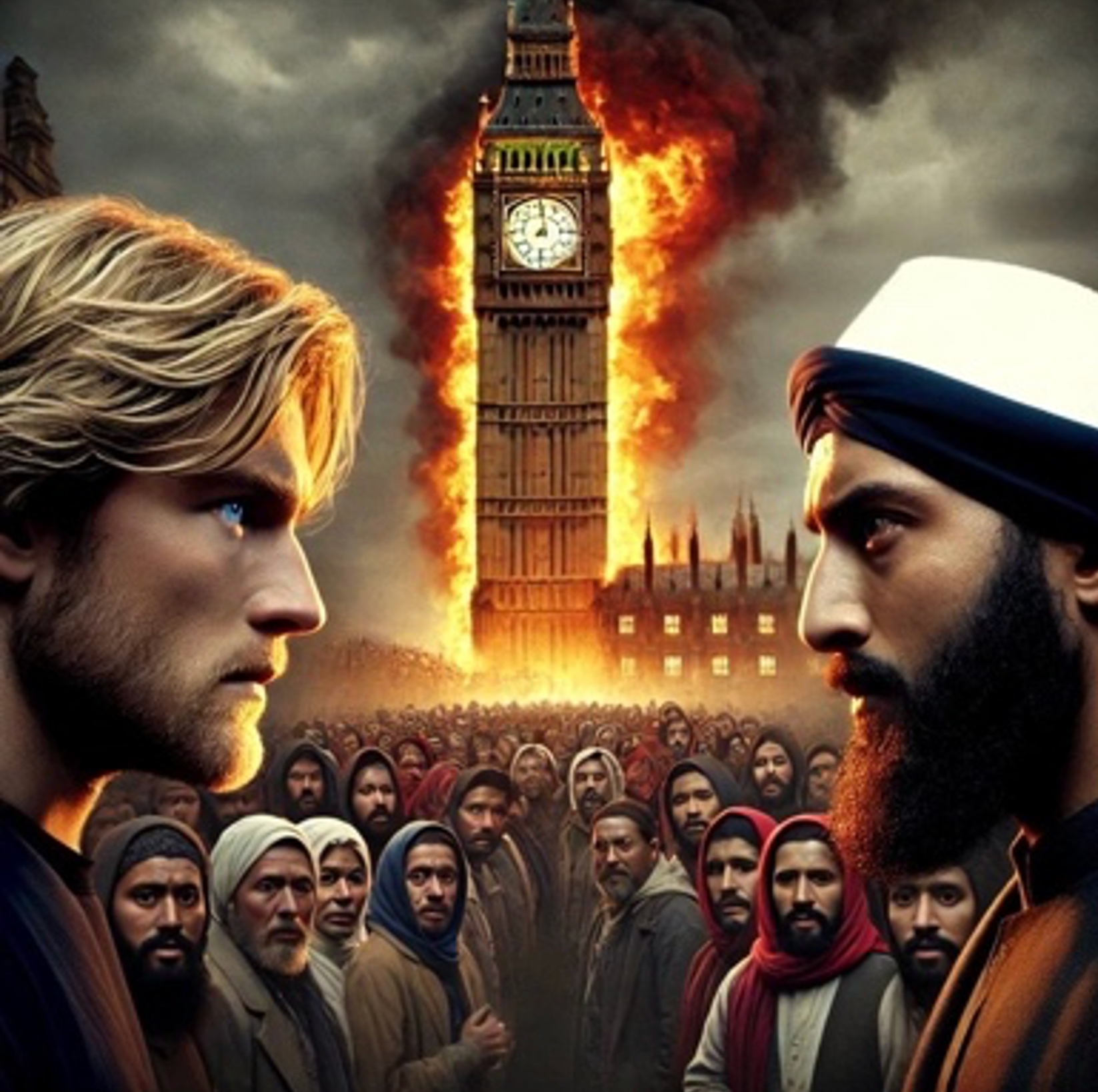 Example of a Generative AI-created image shared by one of the analysed X accounts after the Southport attack, evoking a clash between White British men and alleged racialised Muslim migrants.  