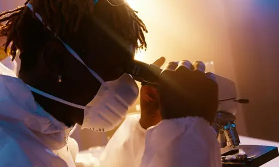 Someone looking down a microscope