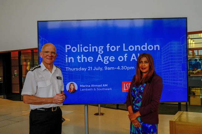 Assembly Member Marina Ahmad, host of the conference, with Met Commissioner Sir Mark Rowley