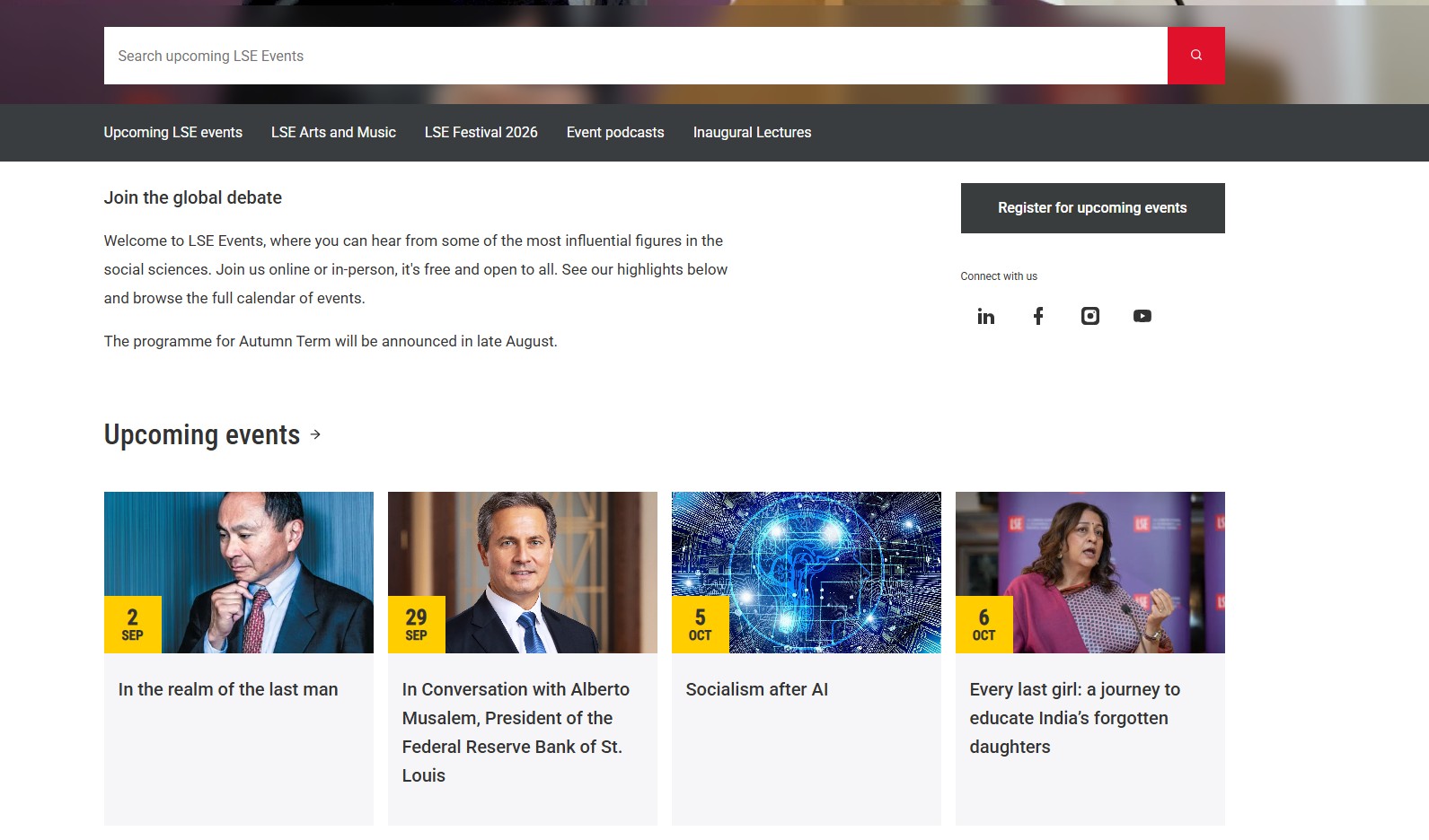 Decorative image: LSE Events page demonstrating dynamic event listings and featured content.