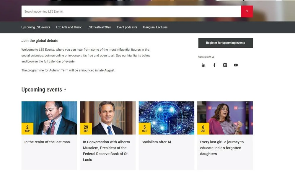 Decorative image: LSE Events page demonstrating dynamic event listings and featured content.